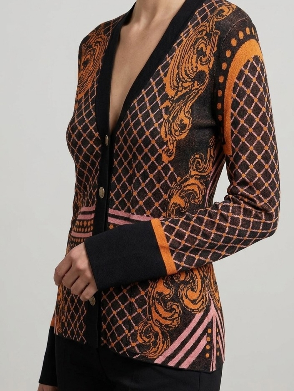 Karen Millen Black Orange Pink Patterned Button Cardigan